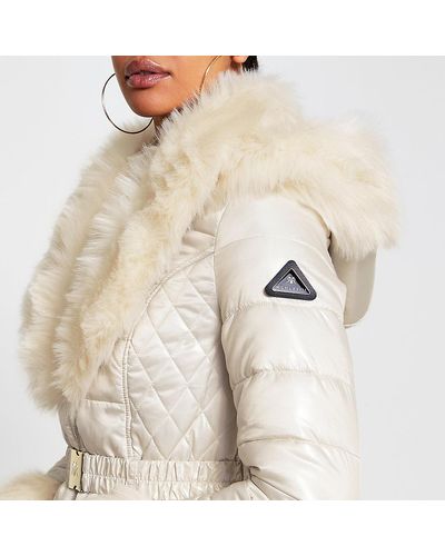 River Island Cream Faux Fur Hem Fitted Padded Coat - Natural