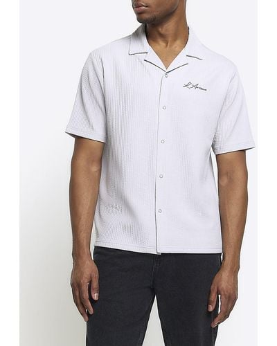 River Island Gray Regular Fit Textured Stripe Revere Shirt - White