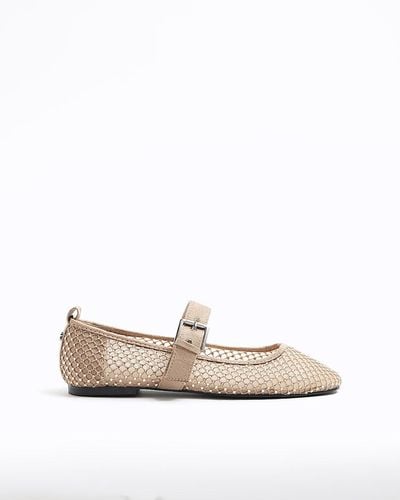 River Island Beige Mesh Studded Mary Jane Ballet Court Shoes - White