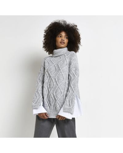 River Island Grey Oversized Cable Knit Shirt Jumper