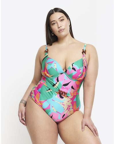 River Island Plus Purple Abstract Belted Swimsuit - Pink