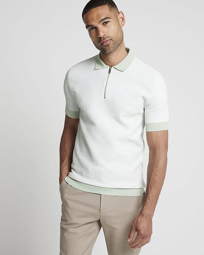 River Island Green Muscle Fit Knit Grid Half Zip Polo - White