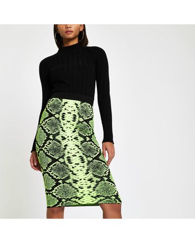 River Island Neon Green Snake Print Midi Skirt