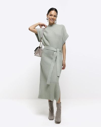 River Island Green Belted High Neck Sweater Midi Dress - Gray
