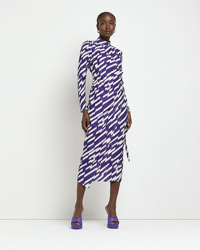 River Island Purple Long Sleeve Wrap Bodycon Midi Dress - Blue