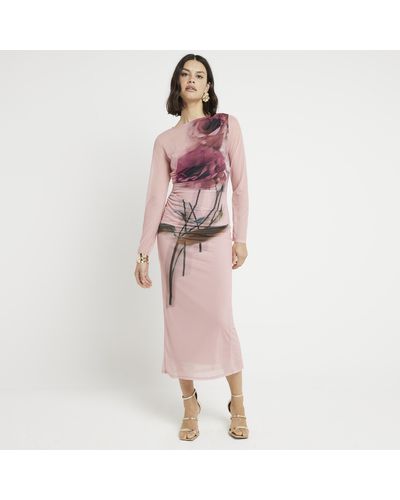 River Island Pink Mesh Floral Bodycon Midi Dress