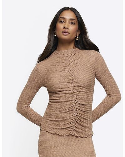 River Island Brown Textured Ruched Long Sleeves Top