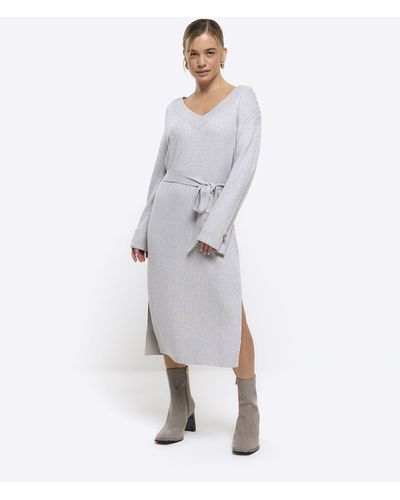 River Island Knitted Belted Sweater Midi Dress - Grey