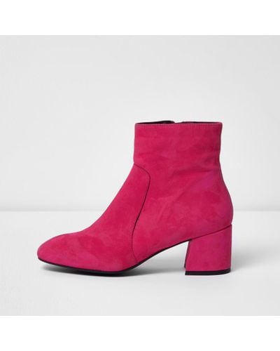 River Island Bright Pink Suede Block Heel Ankle Boots