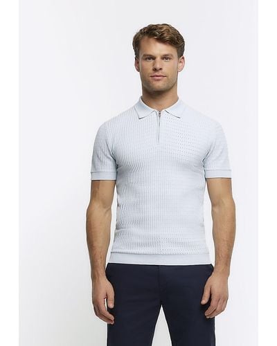 River Island Blue Muscle Fit Knitted Half Zip Polo - White