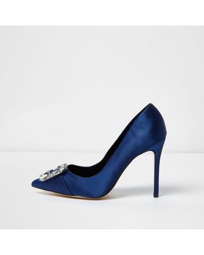 River Island Navy Satin Diamante Buckle Court Shoes - Blue