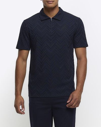 River Island Navy Slim Fit Textured Polo Shirt - Blue