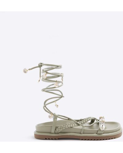 River Island Green Shell Detail Lace Up Sandals - White