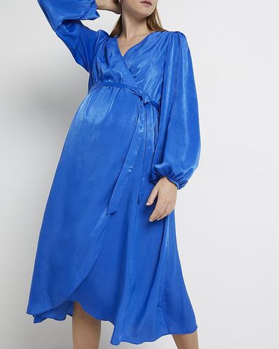 River Island Satin Wrap Midi Dress - Blue