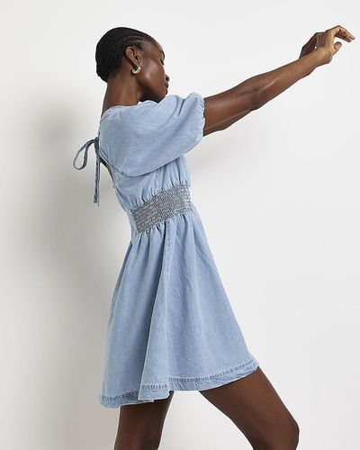 River Island Blue Denim Shirred Waist Mini Shift Dress