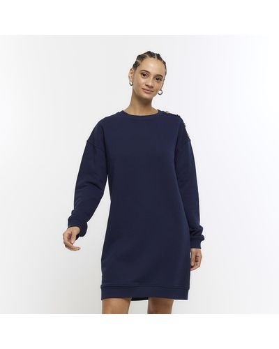 River Island Button Detail Sweatshirt Mini Dress - Blue