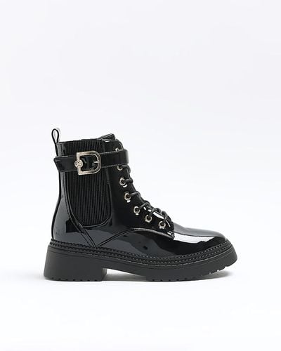 River Island Patent Buckle Lace Up Boots - Black