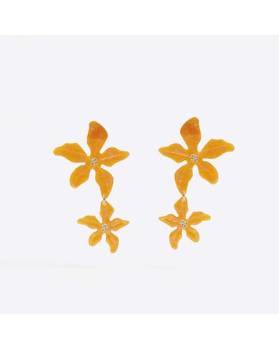 River Island Orange Flower Drop Earrings - Metallic