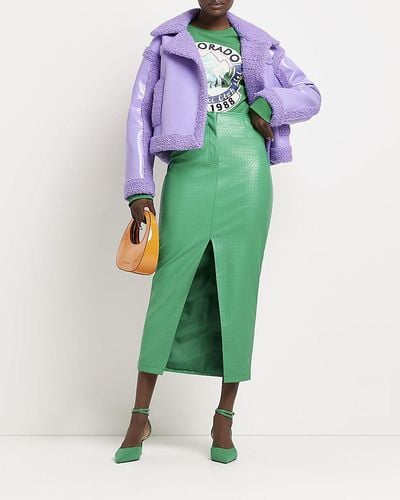 River Island Green Faux Leather Midi Skirt