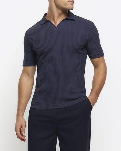River Island Navy Muscle Fit Rib Open Collar Polo - Blue