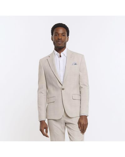 River Island Beige Slim Fit Check Suit Jacket - Natural