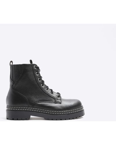 River Island Leather Lace Up Boots - Black