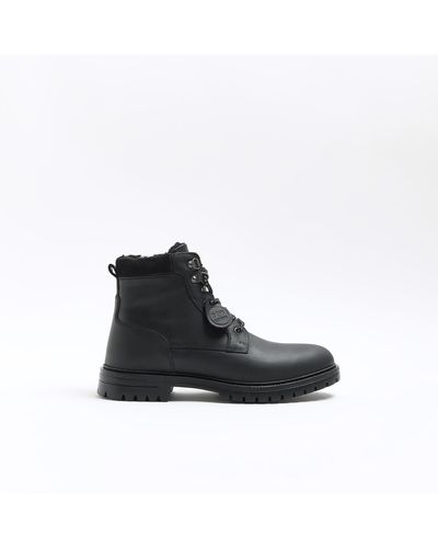 River Island Black Leather Padded Collar Boots