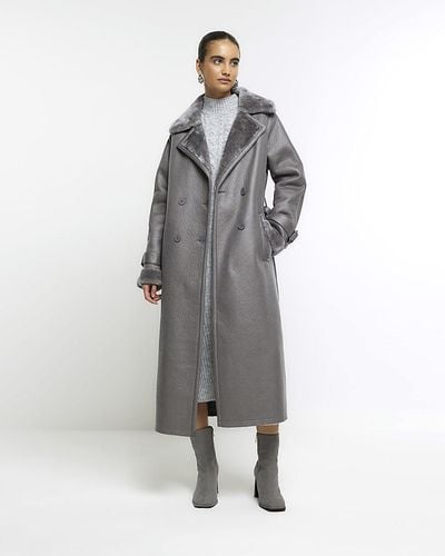 River Island Grey Belted Shearling Trench Coat
