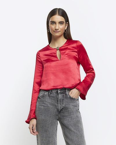 River Island Satin Button Keyhole Blouse - Red