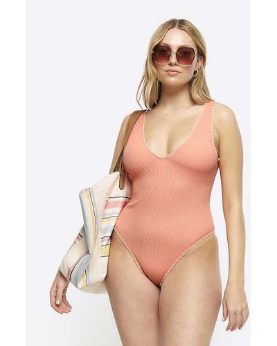 River Island Coral Textured Whipstitch Swimsuit - Pink