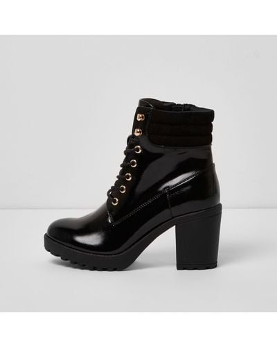 River Island Black Patent Lace Up Chunky Heeled Boots