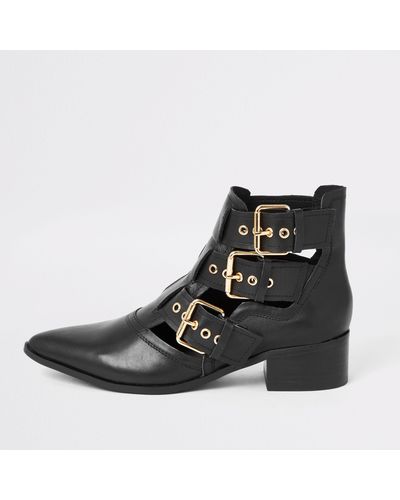 River Island Black Leather Cut Out Buckle Ankle Boots