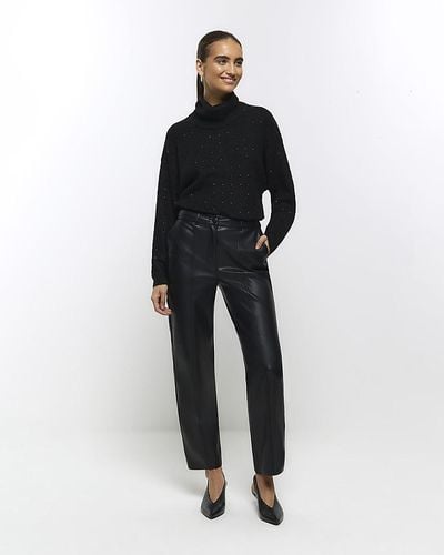 River Island Faux Leather Straight Leg Trousers - Black