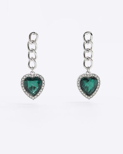 River Island Green Heart Chain Drop Earrings - Blue