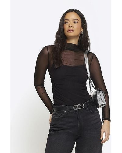 River Island Black Mesh Ruched Long Sleeve Top