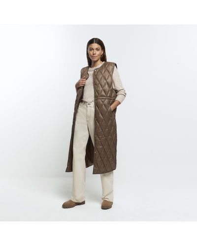River Island Brown Quilted Longline Gilet - White