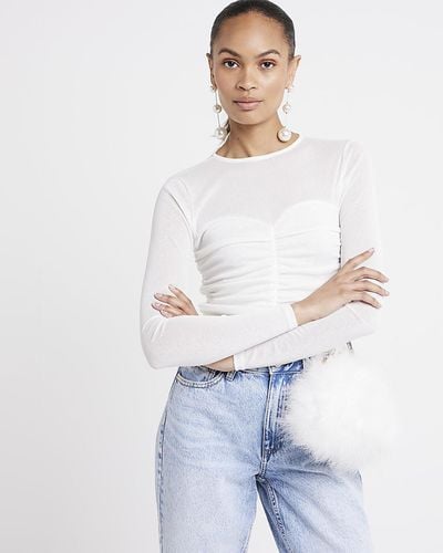 River Island Cream Mesh Ruched Long Sleeve Top - White