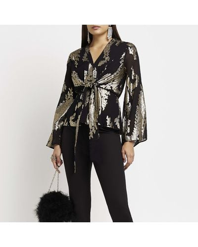 River Island Black Printed Tie Front Blouse