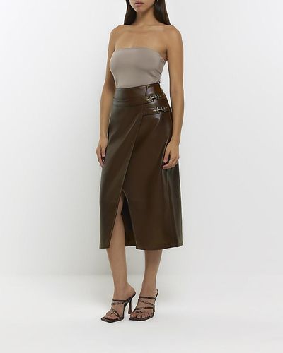 River Island Brown Faux Leather Wrap Midi Skirt - Natural