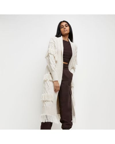 River Island Cream Fringe Detail Cable Knit Maxi Cardigan - Natural