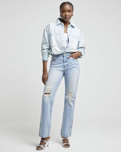 River Island Blue High Waisted Ripped Stove Straight Jeans