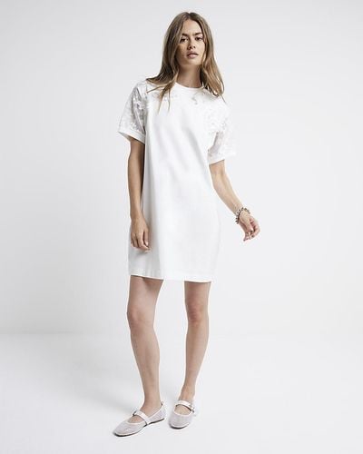 River Island White Flower Lace Sleeve T-shirt Mini Dress