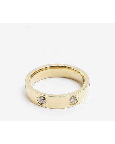River Island Gold Stainless Steel Diamante Ring - White
