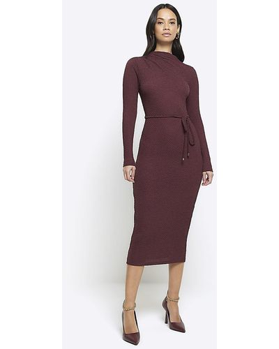 River Island Red Textured Belted Bodycon Midi Dress - Purple