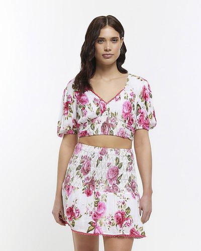 River Island Floral Shirred Puff Sleeve Crop Top - Pink