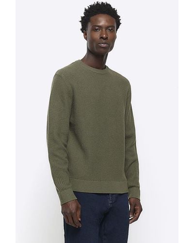 River Island Khaki Slim Fit Waffle Texture Sweater - Green