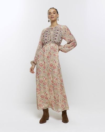 River Island Cream Floral Embroidered Smock Midi Dress - Natural