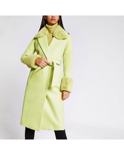 River Island Faux Fur Trim Belted Robe Coat - Yellow