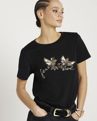 River Island Sequin Embroidered T-shirt - Black