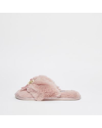 River Island Pink Faux Fur Slippers
